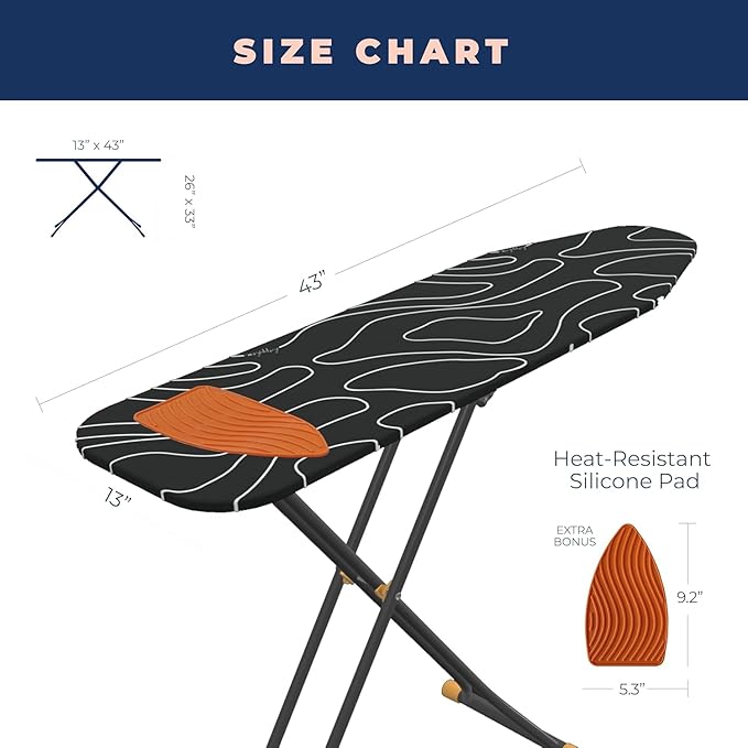 Ironing Board, Compact and Space Saver Ironing Board with Extra Thick 3 Layers Cover, Height Adjustable, Easy Storage with Smart Hanger and Heavy Duty Steel Legs, Black (13x43)-Ruum Studio Home