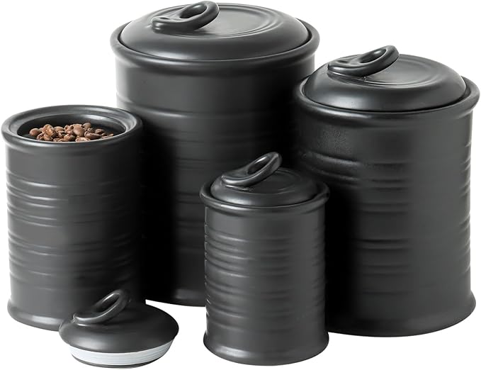 Nihow Food Storage Jar Sets: Ceramic Container with Air Tight Lid for Flour/Sugar/Rice/Coffee/Cookies/Candy - Seal Damp-proof Canister for The Kitchen Counter - Set of 4 （Matte Black）-Ruum Studio Home