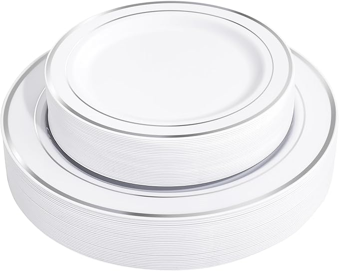FLOWERCAT 60PCS Silver Plastic Plates - Heavy Duty White and Silver Plastic Plates Disposable - Include 30PCS 10.25inch Dinner Plates and 30PCS 7.5inch Dessert Plates for Wedding&New Year-Ruum Studio Home