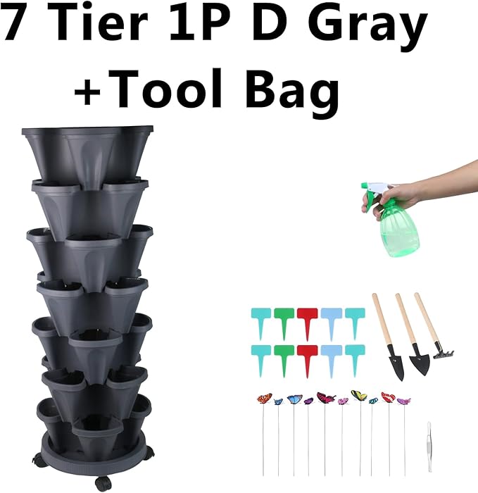 Vertical Planter, 7 Tier Stackable Strawberry Planter with Garden Tool Set, Movable Indoor/Outdoor Garden Herb Pot for Growing Vegetables and Succulents, Dark Gray-Ruum Studio Home