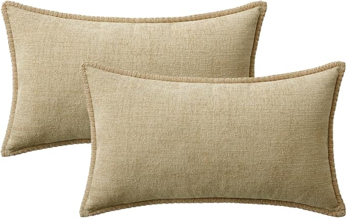 MIULEE Pack of 2 Couch Throw Pillow Covers 12x20 Inch Beige Farmhouse Decorative Pillow Covers with Stitched Edge Soft Chenille Solid Dyed Spring Pillow Covers for Sofa Bed Living Room-Ruum Studio Home