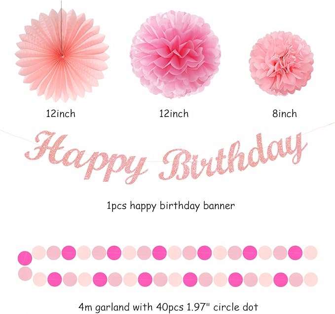 Hot Pink Birthday Party-Decorations Paper-Flowers - 14pcs Happy Banner Girl Lanterns Tissue Pom Poms,Women Streamers Garland Fans,21st 18th Princess Baby Sweet 16 Pretty Hanging Supplies Decor Hugfond-Ruum Studio Home