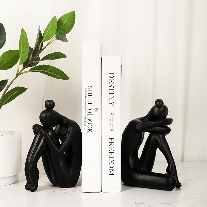 Unique Cast Iron Girl Thinker Bookends, Heavy-Duty Decorative Book Stoppers for Shelves, Creative Home and Office Desk Ornaments, 1 Pair/2 Pieces, 5.9"-Ruum Studio Home
