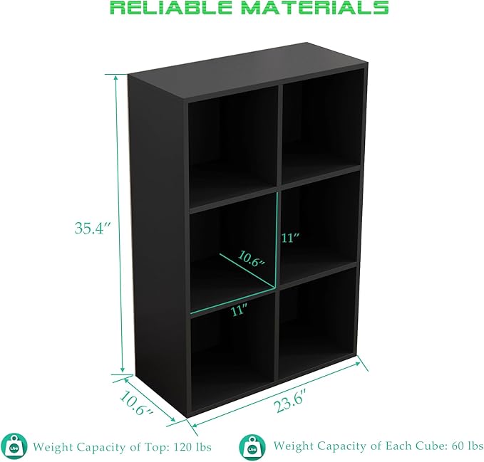 6-Cube Storage Shelf Bookcase - Wooden 3-Tier Floor Standing Open Bookshelf for Home and Office, Display Cabinet, Black-Ruum Studio Home