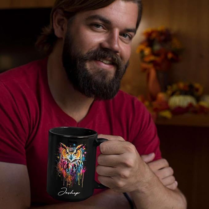 Personalized Name Owl Animal Coffee Mug, Custom Owl Black Cup, Gift For Men Women, Unique Colorful Owl Mug, Animal Cup For Owl Lovers, Customized Owl Ceramic Mug 11oz 15oz, Owl Cup-Ruum Studio Home