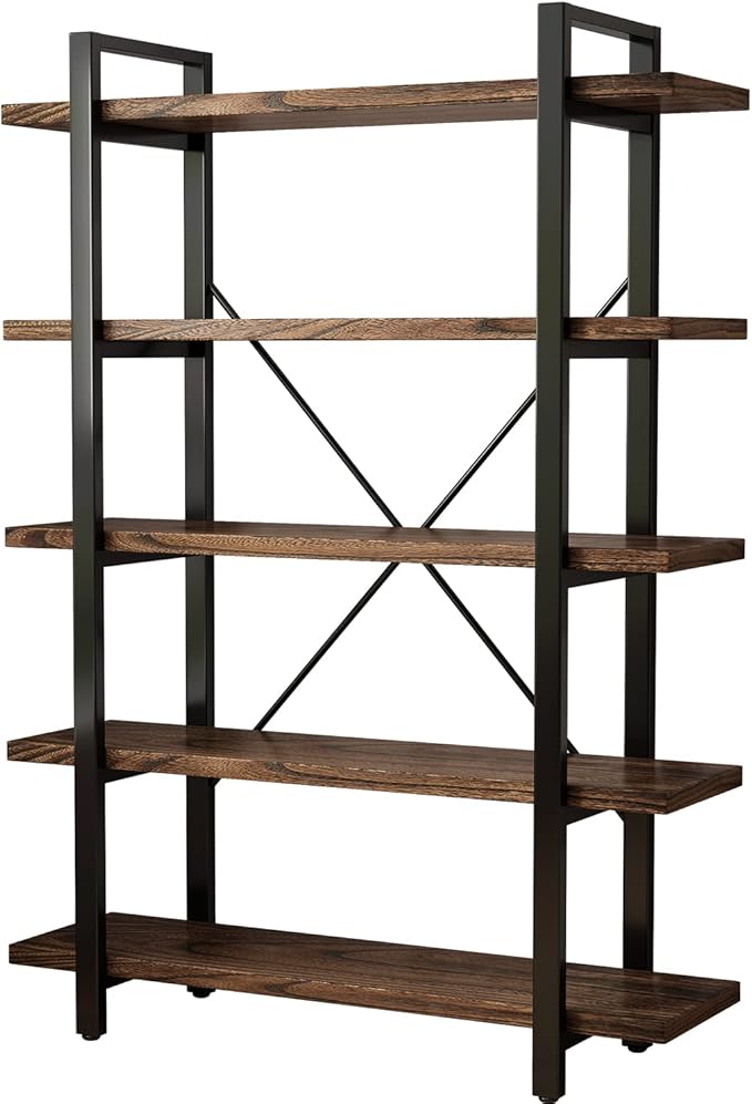 5-Tier Industrial Style Solid Wood Bookcase and Book Shelves,Rustic Wood and Metal Shelving Unit， Living Room,Modern Rustic Open Industrial Book Shelf Office,Distressed Brown (AY-02-5Tier)-Ruum Studio Home