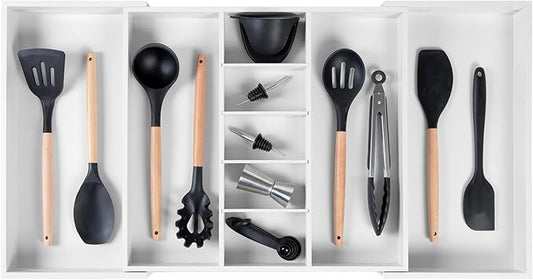 Adjustable Kitchen Drawer Organizer for Utensils and Junk, Food-Safe Contract Grade with 100% Sustainable Wood, Expandable from 19 to 33 Inches Wide - White Bamboo-Ruum Studio Home