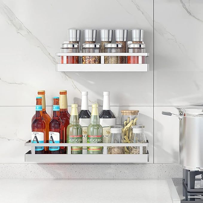Spice Rack Organizer, SUS304 Stainless steel Wall Mount Spice Rack Storage Basket - Seasoning Container, Kitchen Spice Organizer -Kitchen Seasoning Hanging Rack - Bathroom Shelf (Silver)-Ruum Studio Home