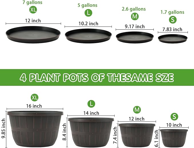Quarut 12 Inch Large Planter Pot for Plants Indoor Outdoor, 4 Pack Plastic Flower Pots with Drainage Hole & Tray, Modern Decorative Garden Pot with Saucer, Plant Container for House（Brown）-Ruum Studio Home
