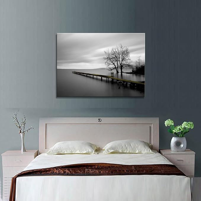 DZL Art S74981 Canvas Prints Modern Minimalist Black and White Lake Trees Landscape Wall Art Painting for Living Room Bedroom Decor Office Wall Decor Home Decoration-Ruum Studio Home