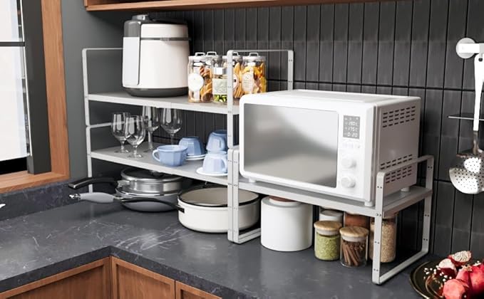 16.5~27.1" Expandable Shelf Organizer, 1Pack 8.1" Wide Stackable Cabinet Shelf Organizers, White Metal Sturdy Kitchen Counter Storage for Countertop, Adjustable Height Spice Rack-Ruum Studio Home