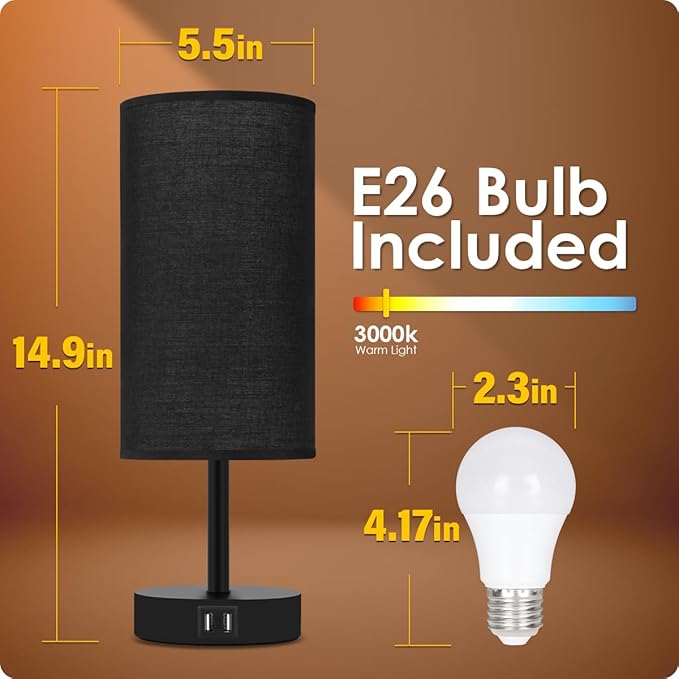 Yarra-Decor Bedside Lamp with USB Port - Touch Control Table Lamp for Bedroom 3 Way Dimmable Nightstand Lamp with Round Black Fabric Shade for Living Room, Dorm, Home Office (LED Bulb Included)-Ruum Studio Home
