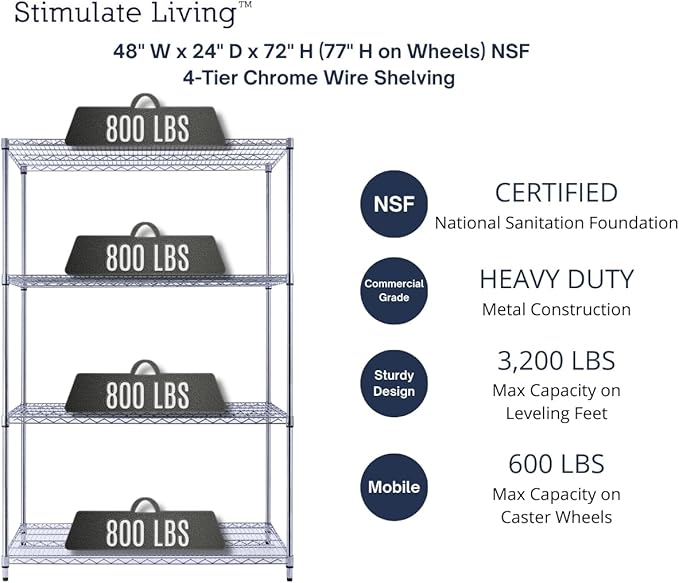 48"x24"x72" Prime Heavy Duty Chrome 4-Tier Wire Shelving NSF 3200 LBS MAX Capacity Storage Rack for Commercial, Hospital, School, Garage, and Kitchen Uses (with Wheels)-Ruum Studio Home