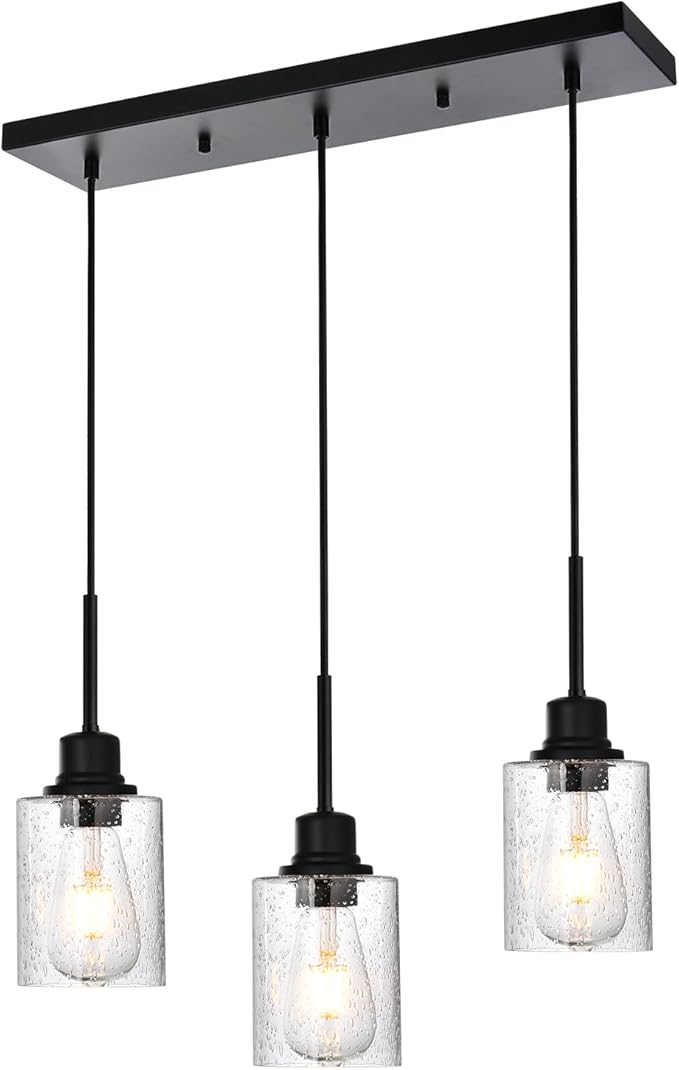 Modern 3-Light Pendant Island Light Fixture Black Ceiling Hanging Lights with Clear Seeded Glass and Adjustable Cord,Industrial Pendant Lighting for Kitchen Living Room Dining Room Foyer-Ruum Studio Home