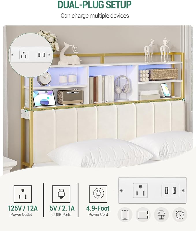 Headboard with 3-Tier Storage Shelves, Velvet Upholstered Head Board with 2 Outlets, USB Ports & LED Light, Soft Backrest for Queen Size Bed, White and Gold BH15203AV1-Ruum Studio Home