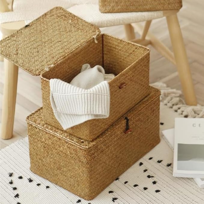Wicker Basket with Lid, Seagrass Storage Basket, Woven Baskets for Storage, Decorative Storage Baskets for Shelf Organizing, Natural-Ruum Studio Home