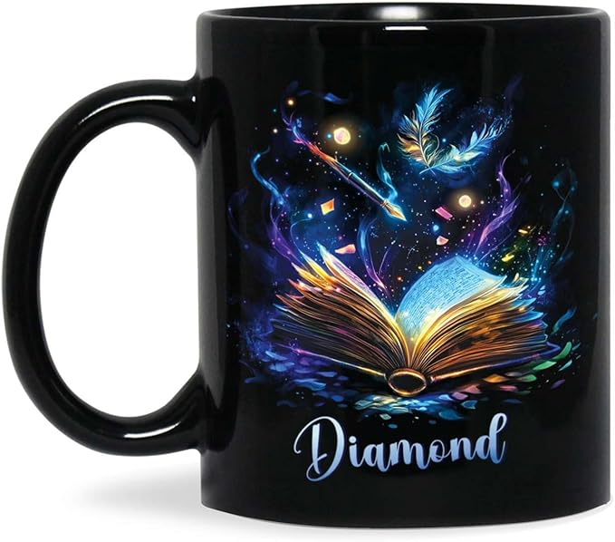 Personalized Sparkling Book Coffee Mug, Custom Name Enchanted Book Design Cup, Customized Fantasy Inspired Ceramic Mug, Gift For Women Men, Book Enthusiasts Black Cup 11oz Or 15oz-Ruum Studio Home