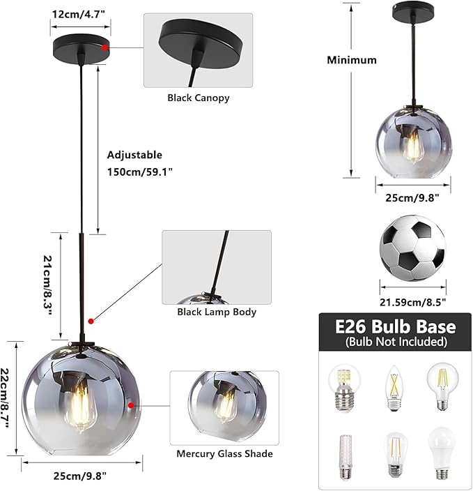 KCO Lighting Mercury Glass Pendant Light Fixtures Mid Century Modern Silver Kitchen Island Pendant Lights Ceiling Hanging Black Large Globe Pendant Light for Living Room Dining Room-Ruum Studio Home
