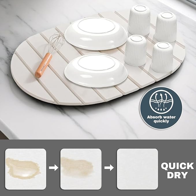 Large Stone Dish Drying Mats for Kitchen Counter, Quick Dry Absorbent Collapsible Dish Drying Mat,Diatomaceous Earth Mats for Dishes Bottles Cups,Match Any Countertop, Elliptical 24 * 16inch-Ruum Studio Home