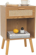 Mid Century Modern Nightstand, Rattan Bedside Table with Drawer and Open Shelf, Wood Nightstand Modern Side Table for Living Room, Bedroom and Small Space, Brown-Ruum Studio Home