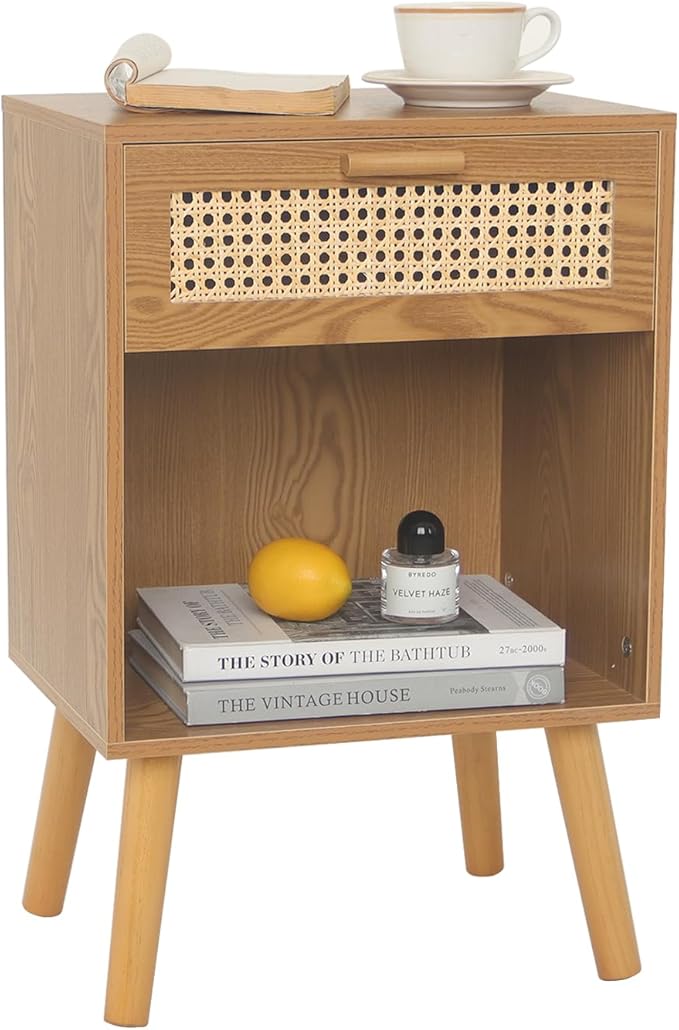 Mid Century Modern Nightstand, Rattan Bedside Table with Drawer and Open Shelf, Wood Nightstand Modern Side Table for Living Room, Bedroom and Small Space, Brown-Ruum Studio Home
