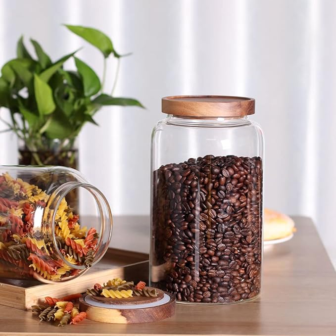 Large Glass Food Canisters, 93 FL OZ(2750ml) Kitchen Serving Stoarge Container with Airtight Wooden Lids, Cereal Dispenser Jars for Spaghetti Pasta, Powder, Spice, Tea, Coffee(8.8inch high)-Ruum Studio Home