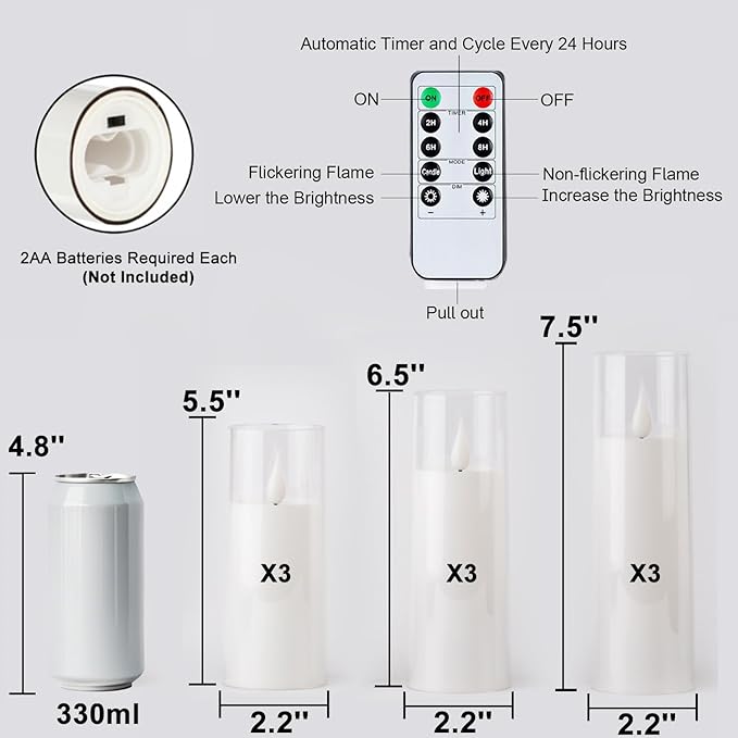 Amagic Pure White Flameless Candles, 9 Pack Battery Operated Candles with Remote and Timer, Acrylic Flickering Electric LED Candles for Wedding, Holiday Decor, D2.2''xH5''6" 7", Warm Yellow Glow-Ruum Studio Home