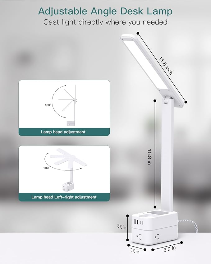 Addtam LED Desk Lamp with Pen Holder, Study Lamps with 3 Outlets 4 USB Charging Ports(2 USBC), 3 Color Modes Desk Light Touch Lamp, Small Desk Lamps for Home Office College Dorm Room Essentials-Ruum Studio Home