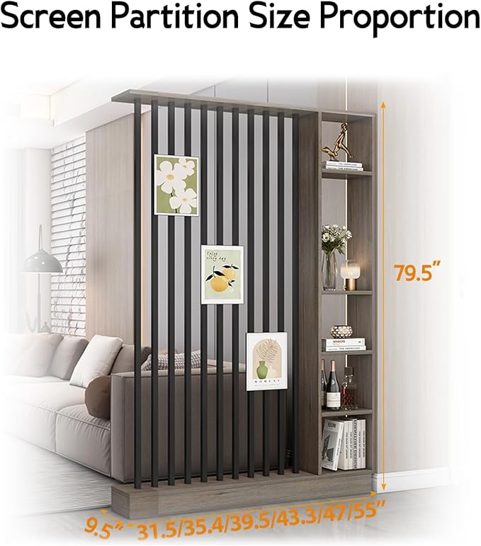Wall Room Divider, Storage Cabinet Storage Display with Shelves, Modern Freestanding Wood Room Divider Screen, Wall Privacy Screens for Home Decorative (Grey Oak+Black,55" L x 9.5" W x 79.5" H)-Ruum Studio Home