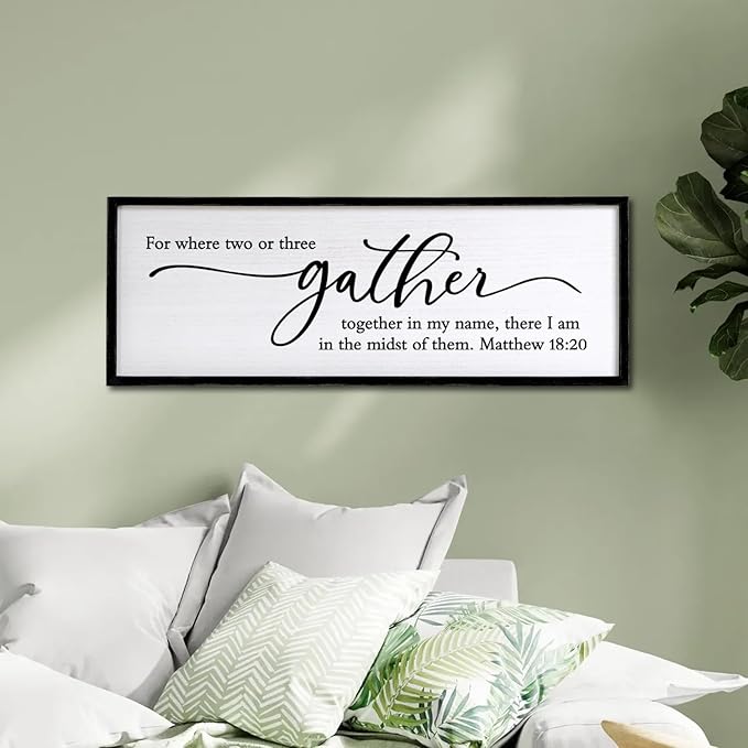 For Where Two Or Three Gather Sign Dining Room kitchen Wall Decor Bible Verse Scripture Matthew 18:20 Wooden Frame 32X12 Inch for Christian Family Hanging Art (Black)-Ruum Studio Home
