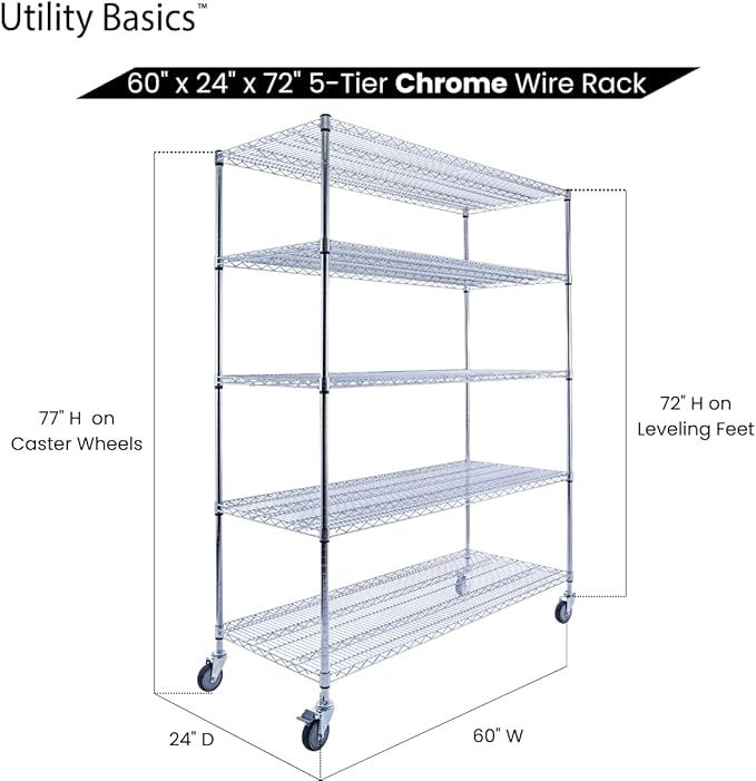 60"x24"x72" Chrome 5-Tier PREMIUM Wire Shelving NSF 4000 LBS MAX CAPACITY Heavy Duty Steel Storage Rack for Warehouses, Garages, Hospitals, Commercial Spaces, & Schools w/PREMIUM WHEELS-Ruum Studio Home