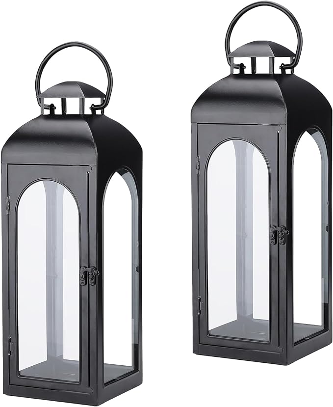 Bdor 2 Pack Luxury Black Metal Lanterns – 16" Tall Modern Hurricane Candle Lanterns with Tempered Glass Panels for Front Porch, Tabletop, Mantel, Wall Hanging, Garden, Indoor & Outdoor Décor-Ruum Studio Home