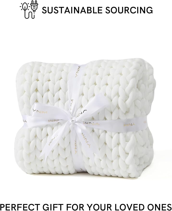 YnM Chunky Throw Blanket, Medium-Weight, Hand Knitted, Skin Friendly, Ventilated and Breathable, Machine Washable, Home Décor Piece for Couch, Sofa and Bed (White, 60x80 Inch)-Ruum Studio Home