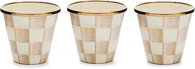 MACKENZIE-CHILDS Enamel Herb Pots, Small Plant Pots for Herbs or Flowers, Set of 3, Brown-and-White Mocha Check-Ruum Studio Home
