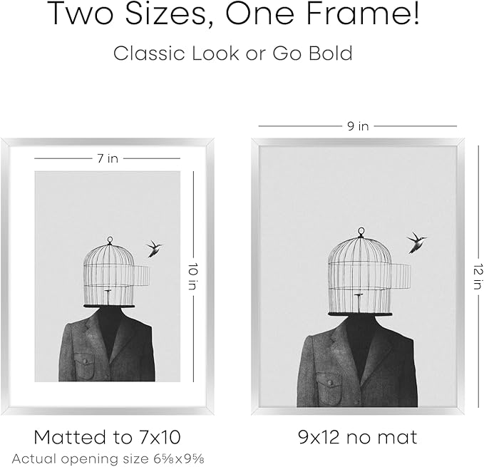 Homeforia 9x12 Picture Frame Silver, High End Metal 9 x 12 Frames with Mat 7 by 10 inch Photo, 9by12 Poster Frame Matted to 7x10 Print, 12x9 Wall or Tabletop Frames, Tempered Glass, Wall Kit, Set of 1-Ruum Studio Home