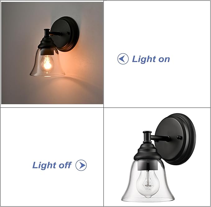 Moder 1-Light Black Wall Sconce Clear Glass Bell Shape Light Fixtures for Farmhouse, Bathroom, Living Room, Stairway Set of 2-Ruum Studio Home