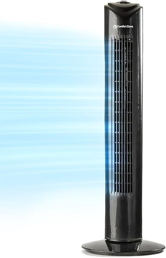 Comfort Zone 32-Inch Bladeless Tower Fan with 3 Speeds, 90° Oscillation, Portable Indoor Stand Fan with Built-In Carry Handle – Quiet Cooling for Bedroom, Black-Ruum Studio Home