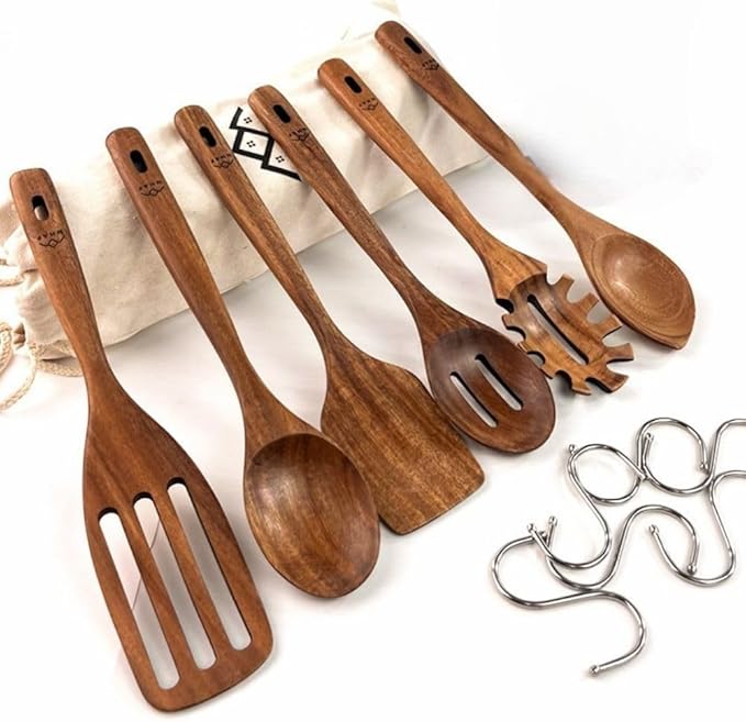 Wooden Utensils for Cooking, Premium Teak Healthy Spoons, Wooden Spoons for Cooking, Durable Eco-Friendly and Safe Teak Cooking Spoon, Cooking Gifts for Mom (set of 6) and Hooks-Ruum Studio Home