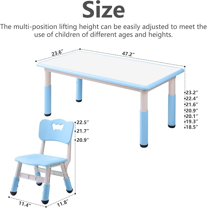 Children's Table and Chair Set Suitable for Boys and Girls Age 2-12 Height Adjustable Table top Can be Painted with 6 Seats Suitable for Family Learning Daily use (Sky blueBlue)-Ruum Studio Home