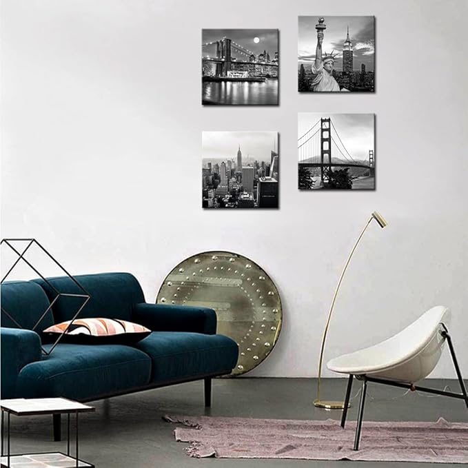 LevvArts Black and White City Wall Art Modern Brooklyn Bridge Picture Prints US Cityscape Canvas Artwork for Bedroom Home Decor-Ruum Studio Home