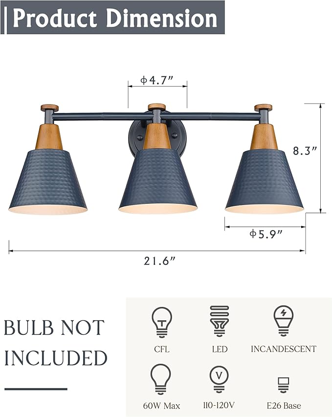 FEMILA Bathroom Vanity Light, 3-Light Modern Bathroom Light Fixture with Hammered Metal Shade Finish, Dark Blue Wall Sconce Lamp Lighting for Bedroom, 4FG59B-3W Blue-Ruum Studio Home