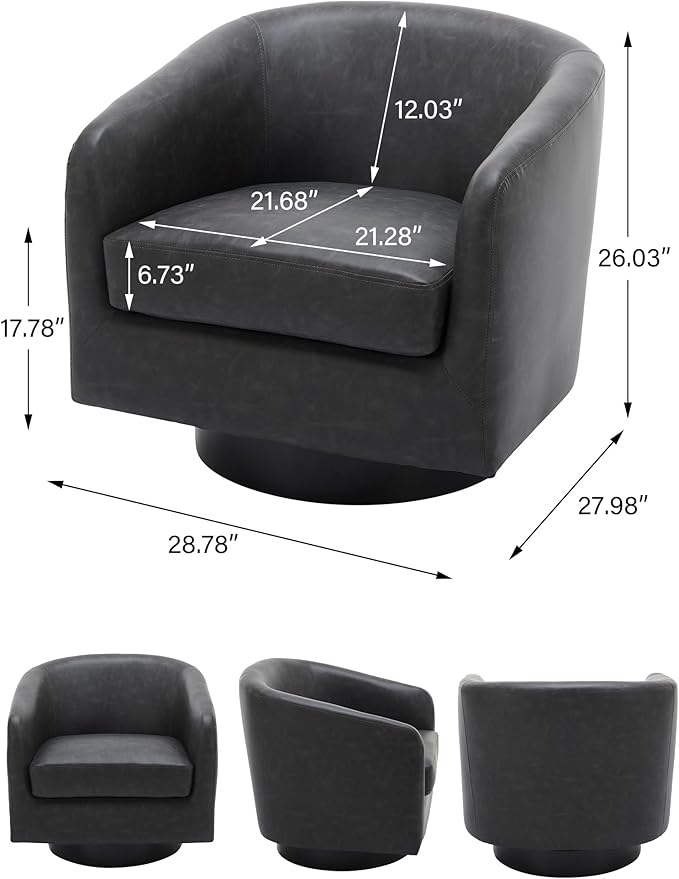 Swivel Barrel Accent Chair, Modern Round Faux Leather Arm Chair for Living Room, Bedroom, Comfy Club Reading Chairs for Adults(Faux Leather, Black Grey, Set of 1)-Ruum Studio Home