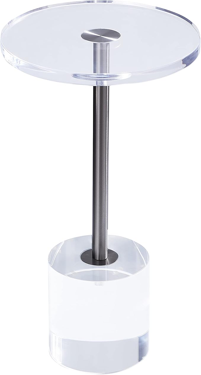 Clear Acrylic End Table,Side Table,Brushed Silver Metal,Round,for Office, Living Room and Bedroom,Easy Assembly,12x12 inch，21.3 inch high-Ruum Studio Home