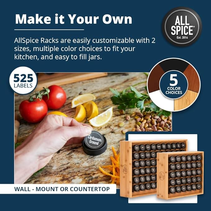 AllSpice Spice Rack Organizer, Wood, 525 Unique Labels, Countertop or Wall Mount, Includes 60 4oz Jars- Bamboo-Ruum Studio Home