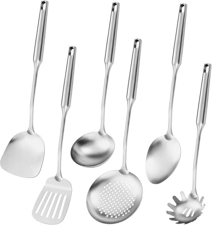 304 Stainless Steel Cooking Utensil,Kitchen Kitchen Utensil with Spatula, Solid Spoon, Ladle, Skimmer, Spaghetti Spoon, 6 Piece Set, Dishwasher Safe-Ruum Studio Home