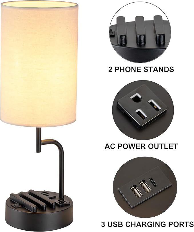 Dreamholder Table Lamp with 3 USB Charging Ports, Modern Desk Lamp with AC Outlet and Phone Stands, Perfect Bedside Lamp for Bedroom, Living Room, Office (Pack of 2), Cream-Ruum Studio Home