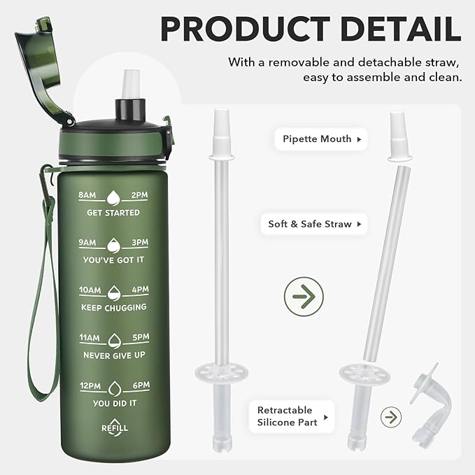 Enerbone Water Bottle, Leakproof BPA & Toxic Free, Motivational Water Bottle with Times to Drink and Straw, Fitness Sports Water Bottle with Strap for Office, Gym, Outdoor Sports-Ruum Studio Home