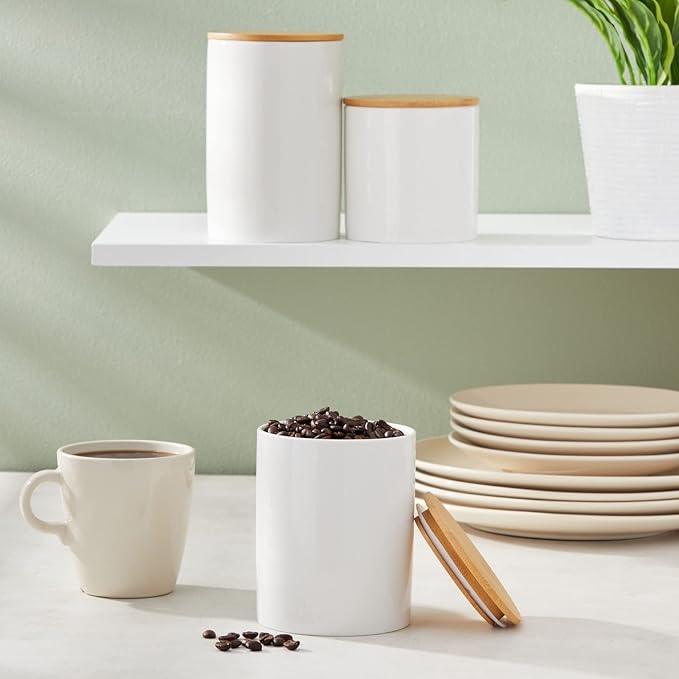 Farmlyn Creek Set of 3 White Ceramic Canisters with Airtight Wooden Bmaboo Lids - Kitchen Counter Containers - Food Storage Jars for Storing Sugar, Coffee, Snacks and Other Dry Goods (3 Sizes)-Ruum Studio Home