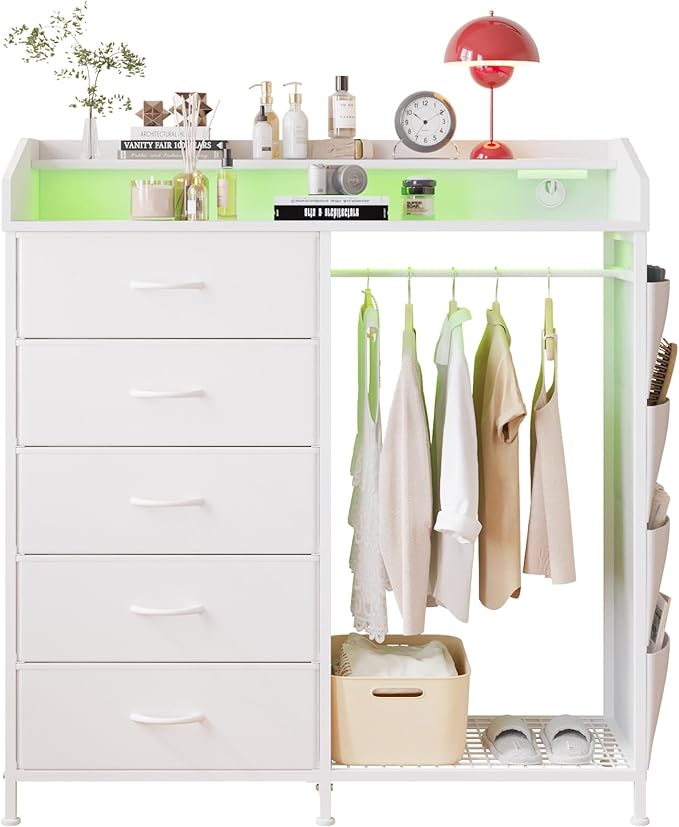 LUMTOK Modern 5 Dresser with LED Hanging Rack, Dresser with Clothes Rack, Hanger Rack, and Storage Drawers, Drawer Dressers with Coat Racks for Bedroom Living Room, Entryway, Closets (White)-Ruum Studio Home