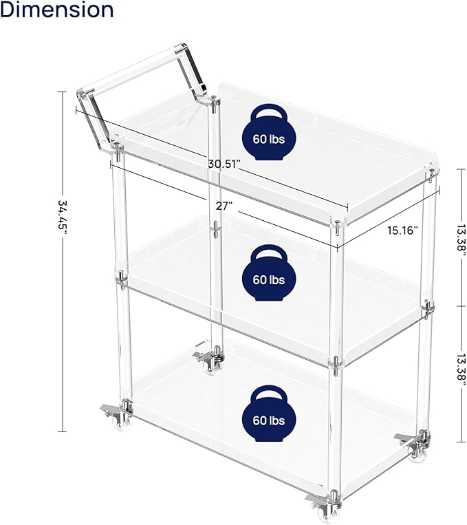 HMYHUM Acrylic Bar Cart with 4 Lockable Wheels, 30.5" L x 15.2" W x 34.5" H, Rolling Serving Cart for The Home Bar, Kitchen, Living Room, with Pulling Handle, Modern, 3-Tier, Clear-Ruum Studio Home